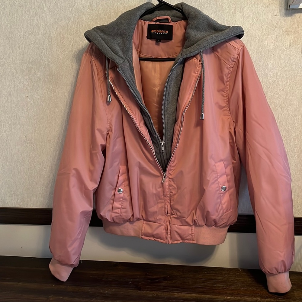 1X Pink and gray hooded coat.
